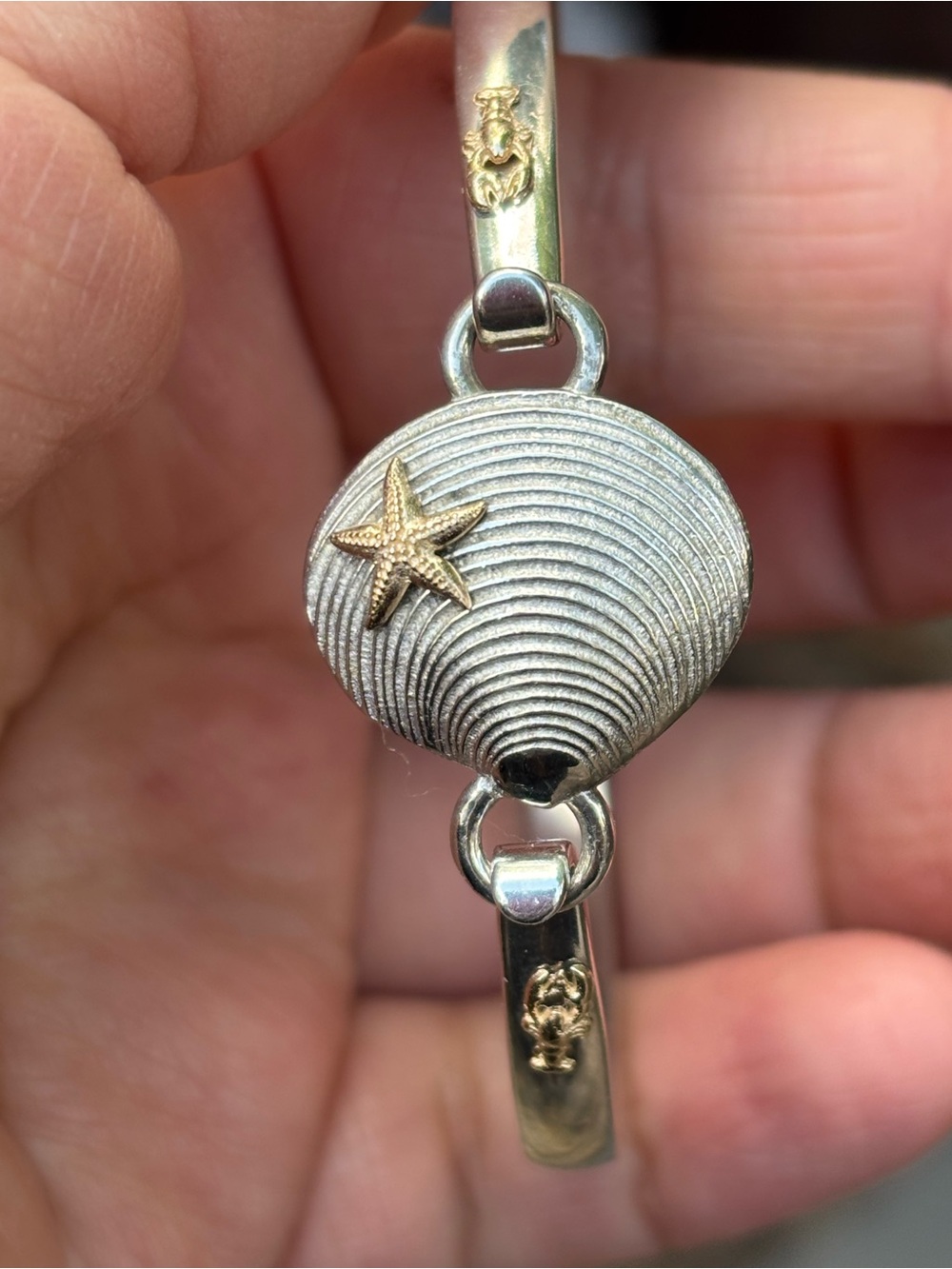 Silver and Gold Starfish Accent Bangle Bracelet - Women Jewelry